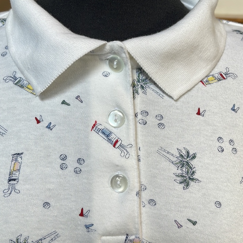 LARGE BONNIE EVANS 👚 POLO GOLF SHIRT WHITE WITH TOUCHES OF RED/YELLOW/GREY